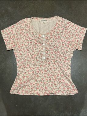 Lucky Brand Cream Henley Tee with Pink Floral Print - Women M